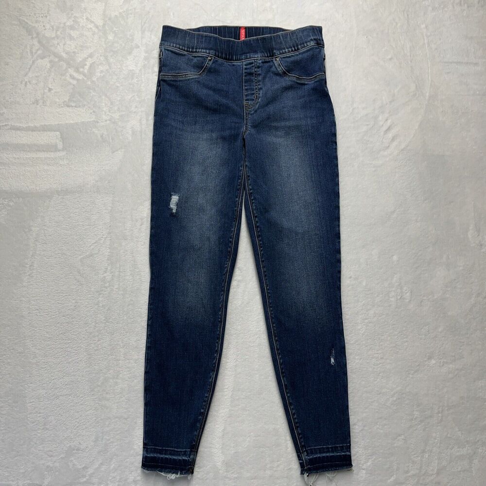 Spanx Distressed Ankle Skinny Jeans Women's High Rise Stretch Denim Raw Hem Sz M